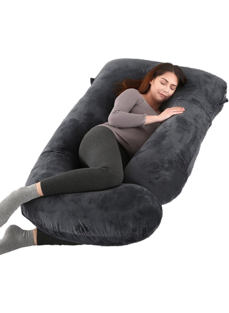 Pregnancy Pillow, Full Body 57 Inch Maternity Pillow with Removable Washable Cover - Sleep Support for Legs, Back, Neck, Shoulder, HIPS, Belly for Pregnent Women, Black Grey Velvet Cover - Image 1